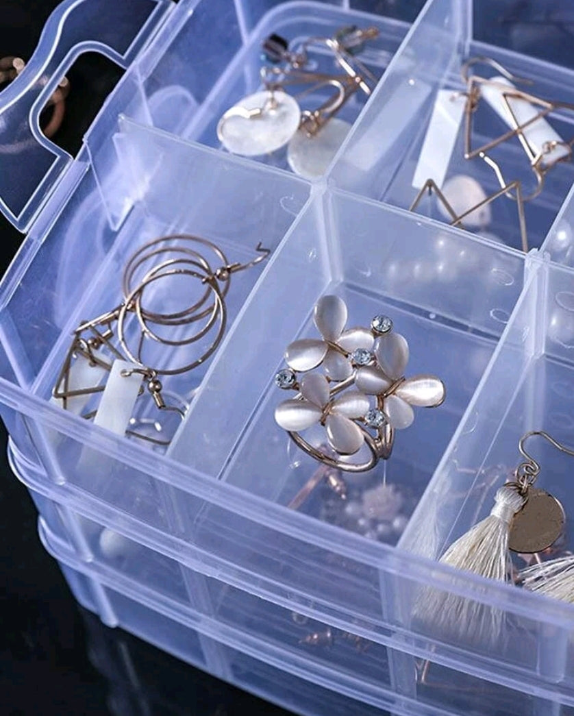 1st 3-lagers 18-fack Transparent Justerbar Stapelbar Plastförvaringslåda, Snap-Lock genomskinlig behållarelåda för förvaring av smycketillbehör